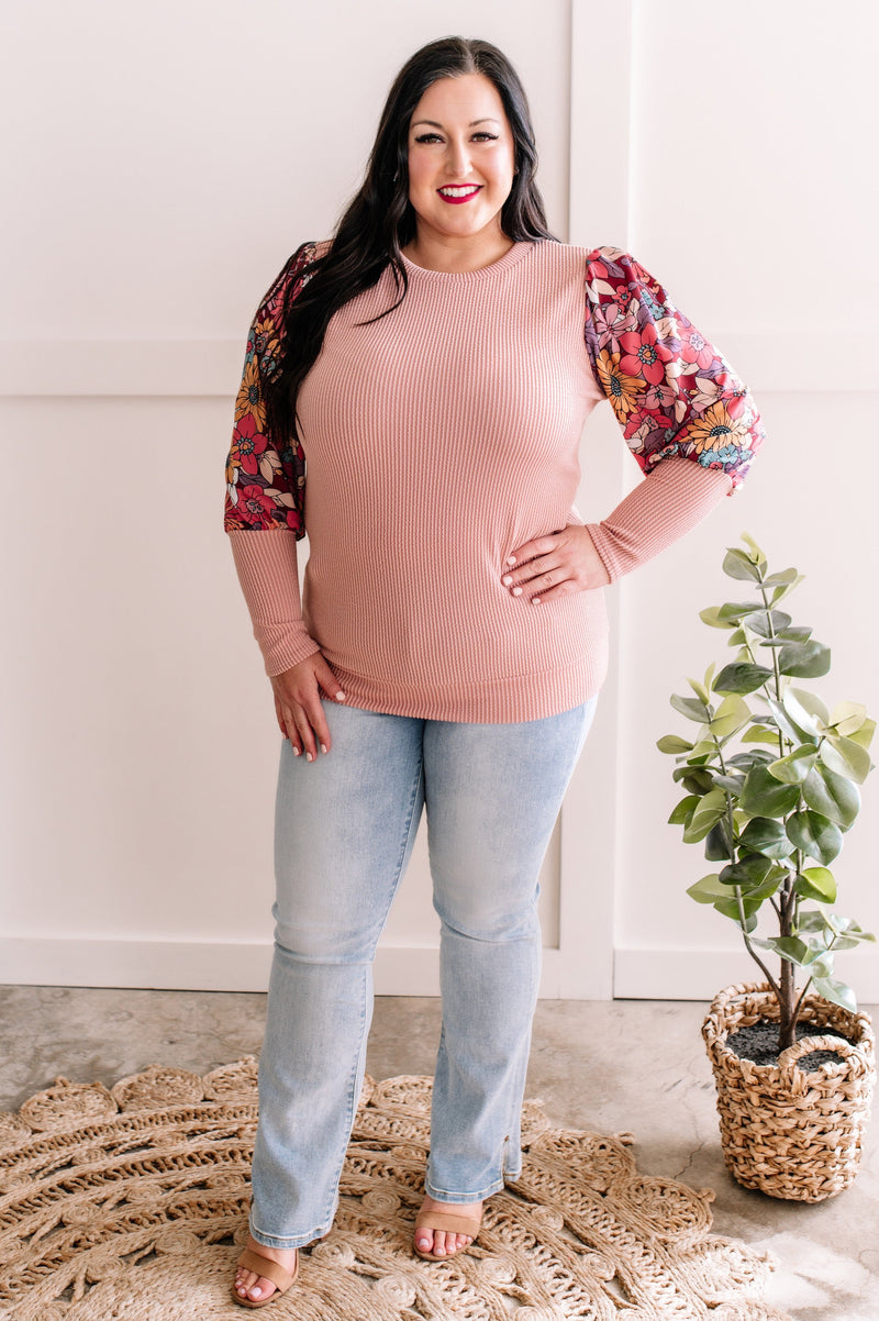 Ribbed Knit Top With Floral Sleeve Detail In Pink