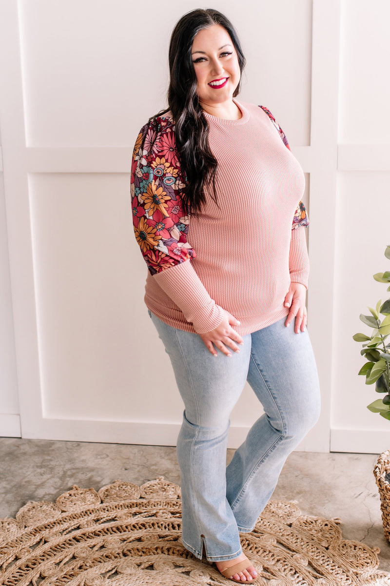 Ribbed Knit Top With Floral Sleeve Detail In Pink