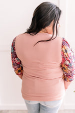 Ribbed Knit Top With Floral Sleeve Detail In Pink