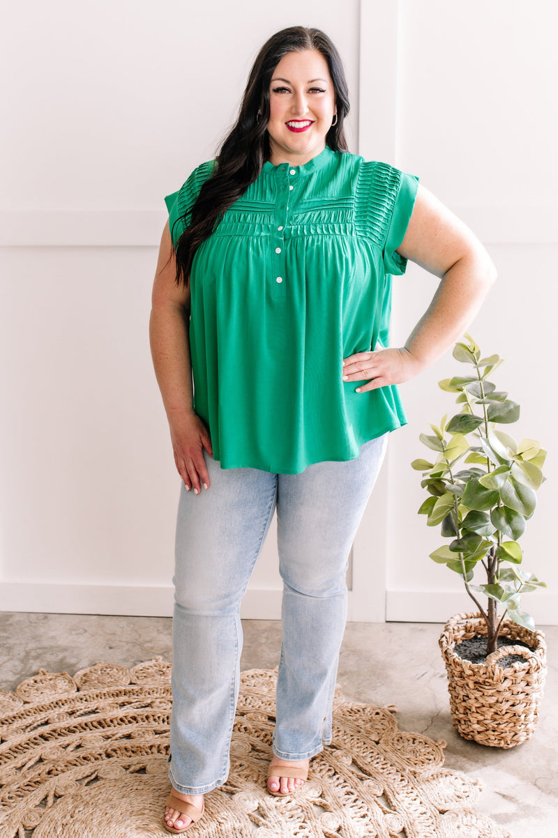 Button Front Pleated Blouse In Spring Green