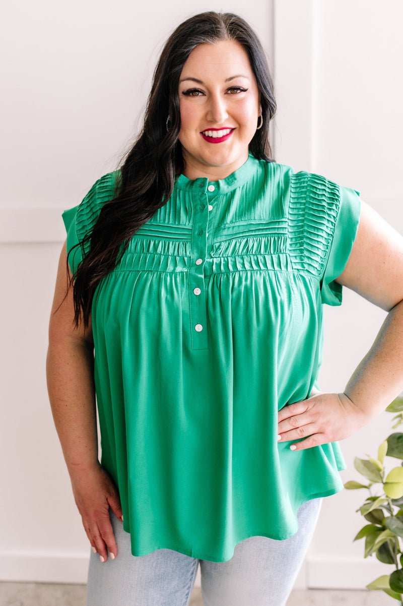 Button Front Pleated Blouse In Spring Green