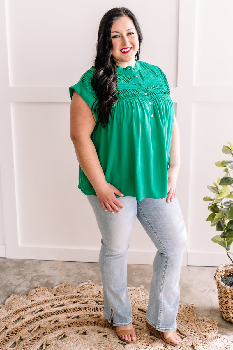 Button Front Pleated Blouse In Spring Green