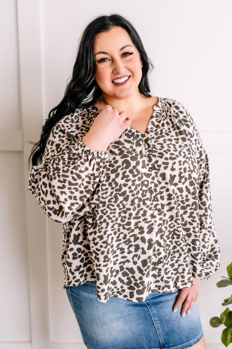 Button Detail Blouse In Olive Animal Print