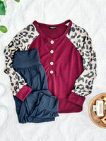 Long Sleeve Button Front Henley In Burgundy & Leopard