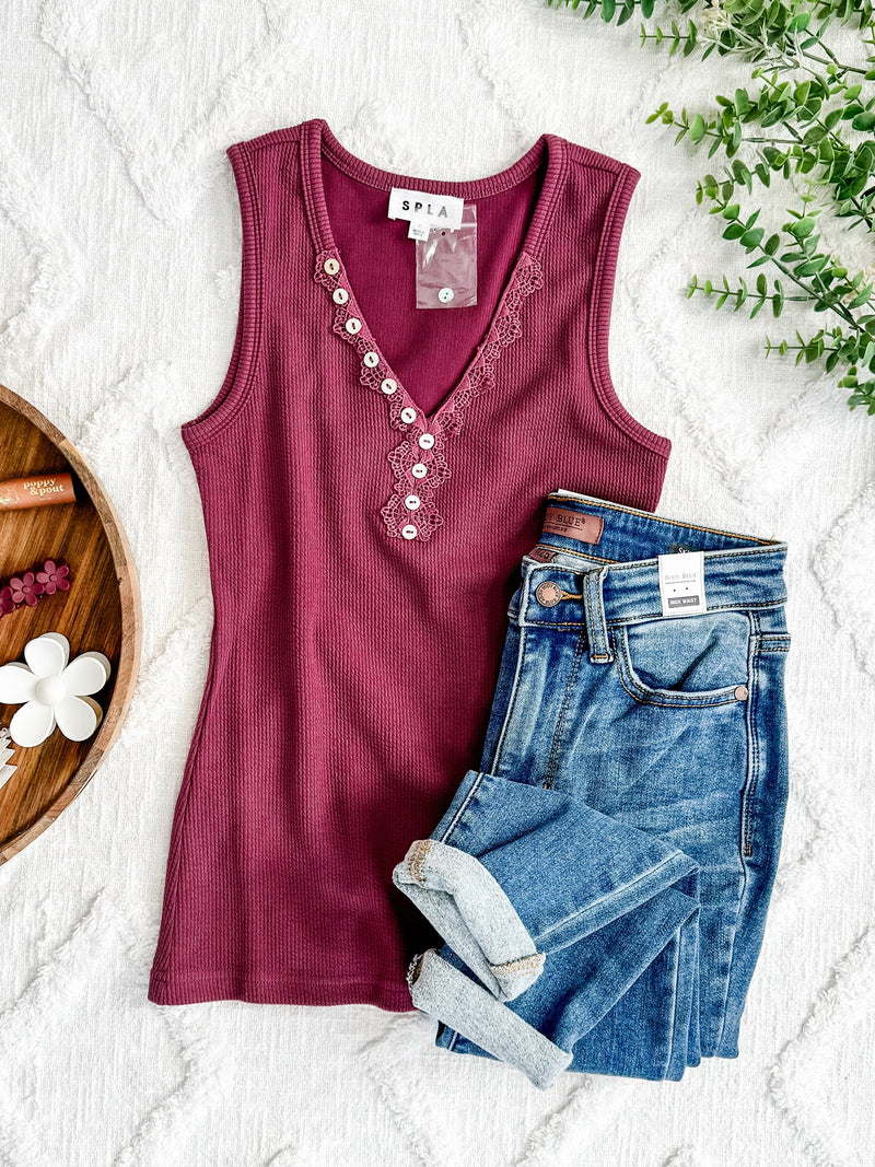 Sleeveless Top With Lace and Button Detail In Berry