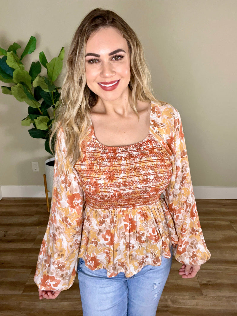 Savanna Jane Embroidered Smocked Peplum Blouse In March Florals