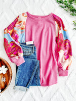 Waffle Knit Top With Floral Sleeves In Pretty Pink