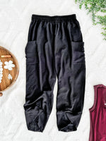 Cropped Tulip Hem Dressy Cargo Pants In Jet Black