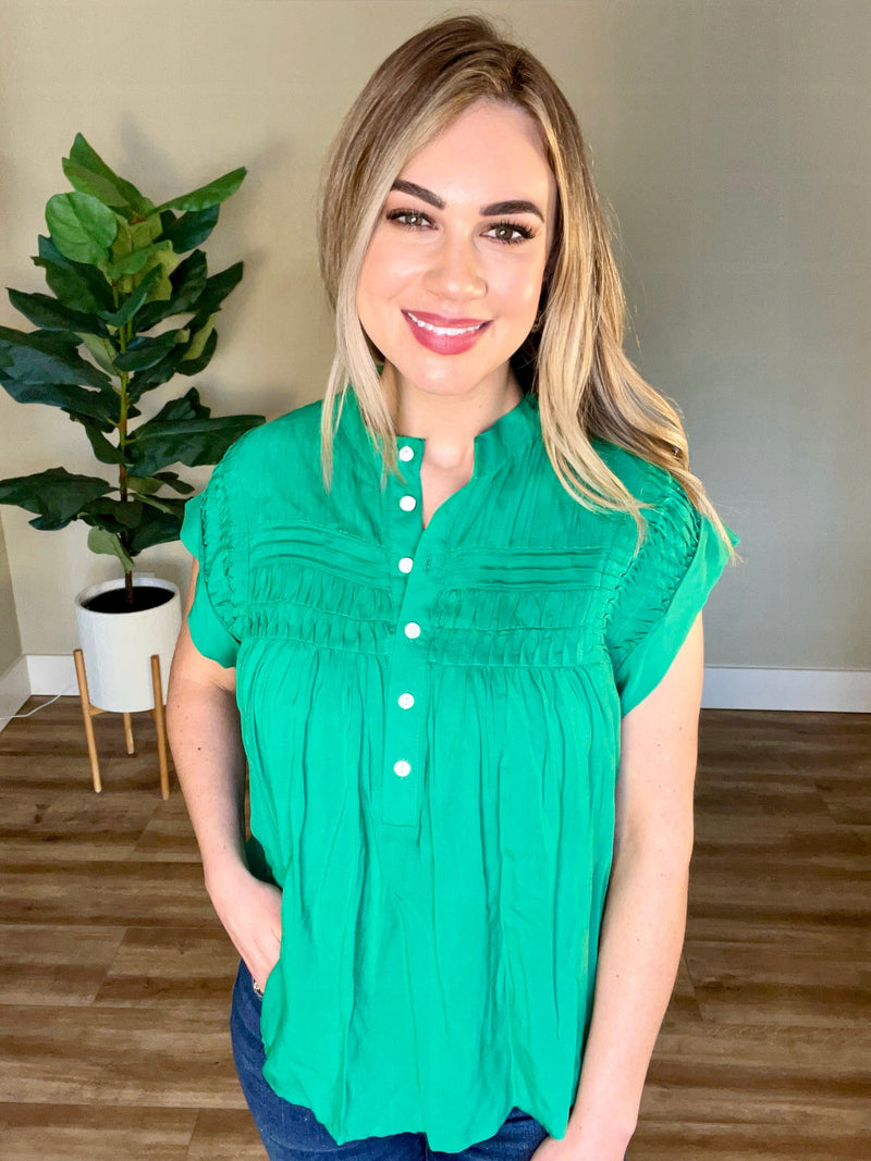 Button Front Pleated Blouse In Spring Green