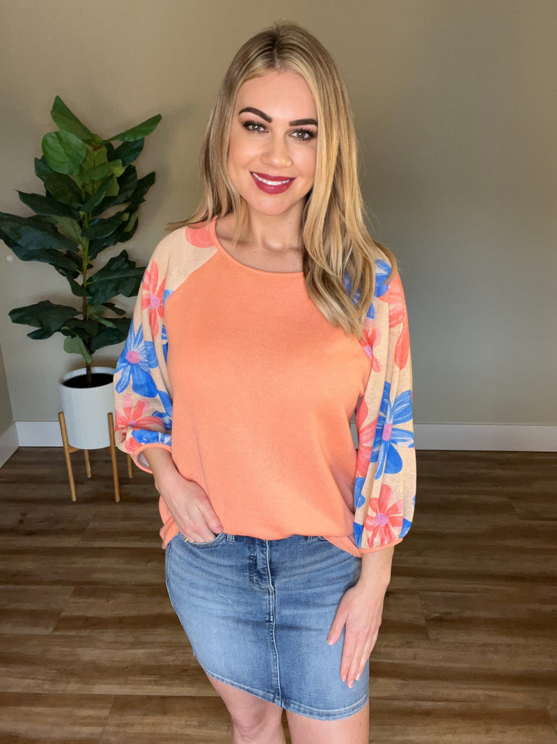 Floral Sleeve Knit Top In Coral Multi