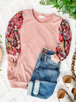 Ribbed Knit Top With Floral Sleeve Detail In Pink