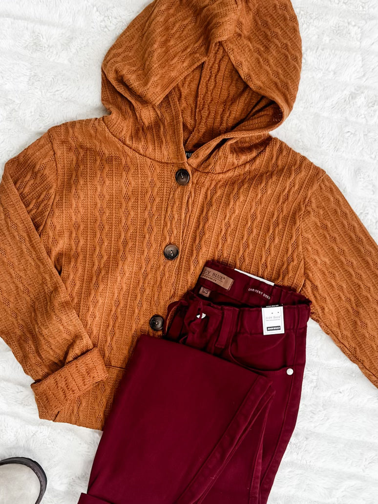 Cable Knit Hooded Cardigan In Burnt Orange