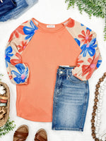 Floral Sleeve Knit Top In Coral Multi