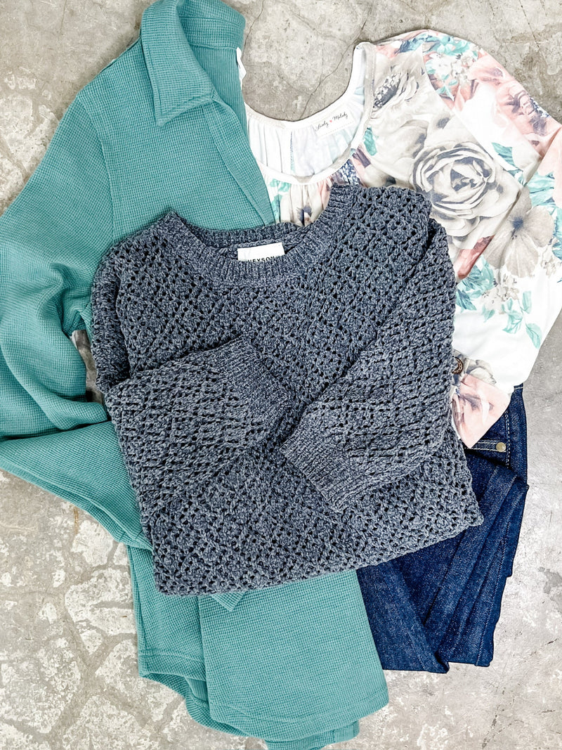 Collared Long Sleeve Thermal Knit Top In Teal