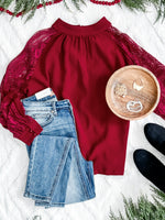 Mock Neck Blouse With Lace Detailed Sleeves In Berry