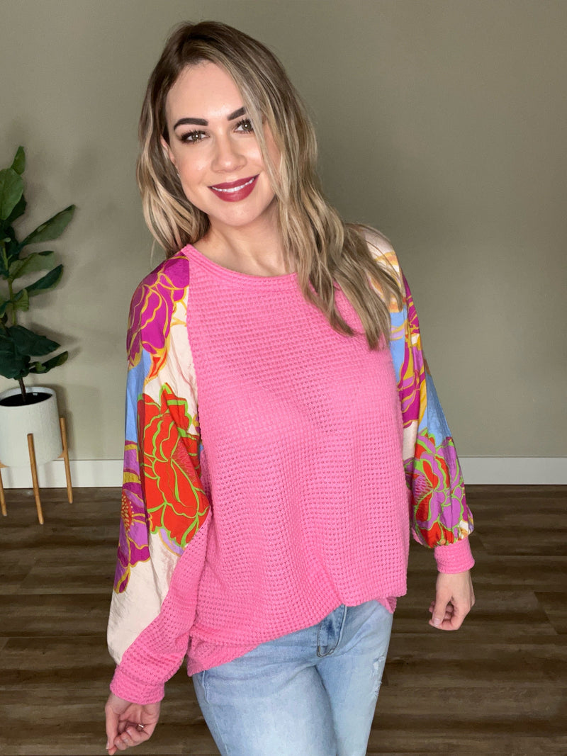 Waffle Knit Top With Floral Sleeves In Pretty Pink