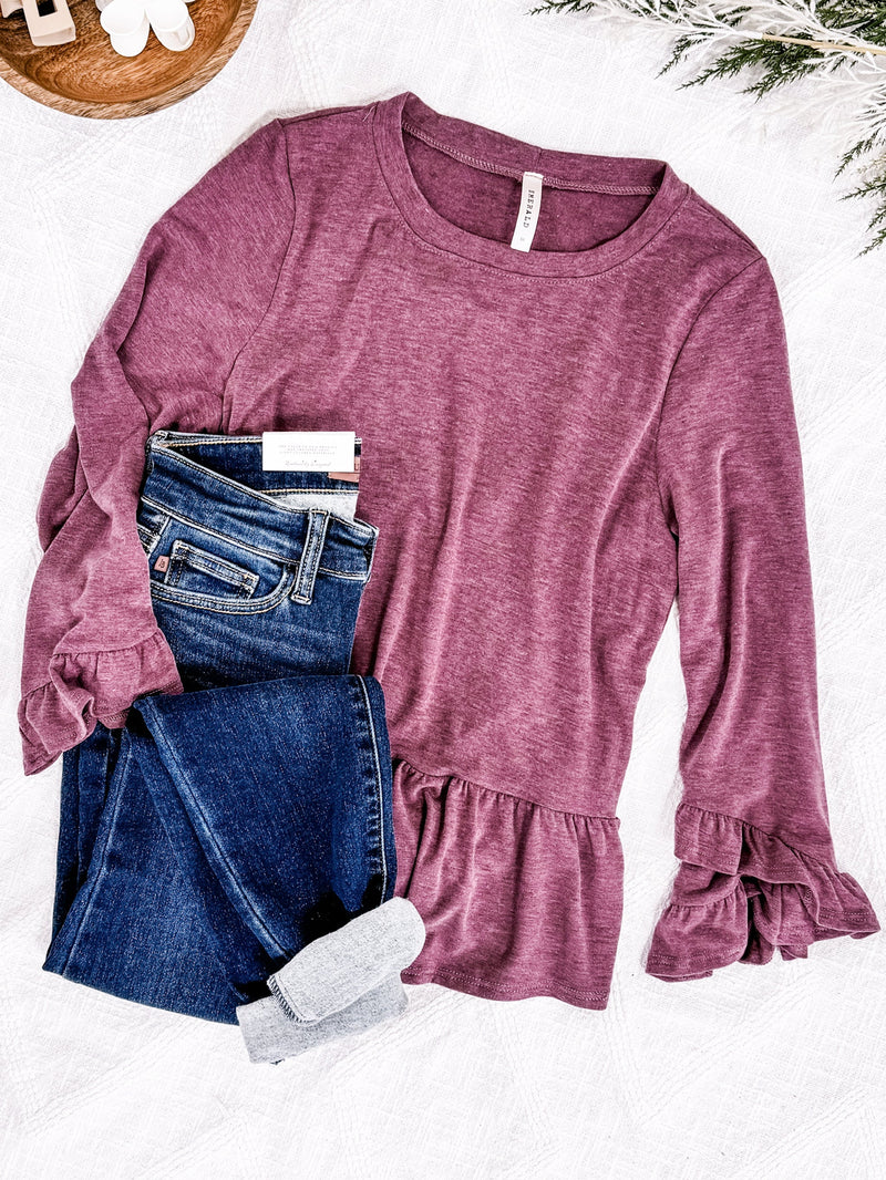 Ruffled Sleeve Babydoll Top In Razzmic Berry