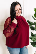 Mock Neck Blouse With Lace Detailed Sleeves In Berry