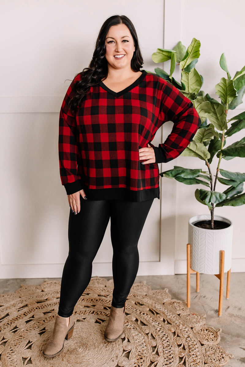 V Neck Long Sleeve Knit Top In Red Buffalo Plaid