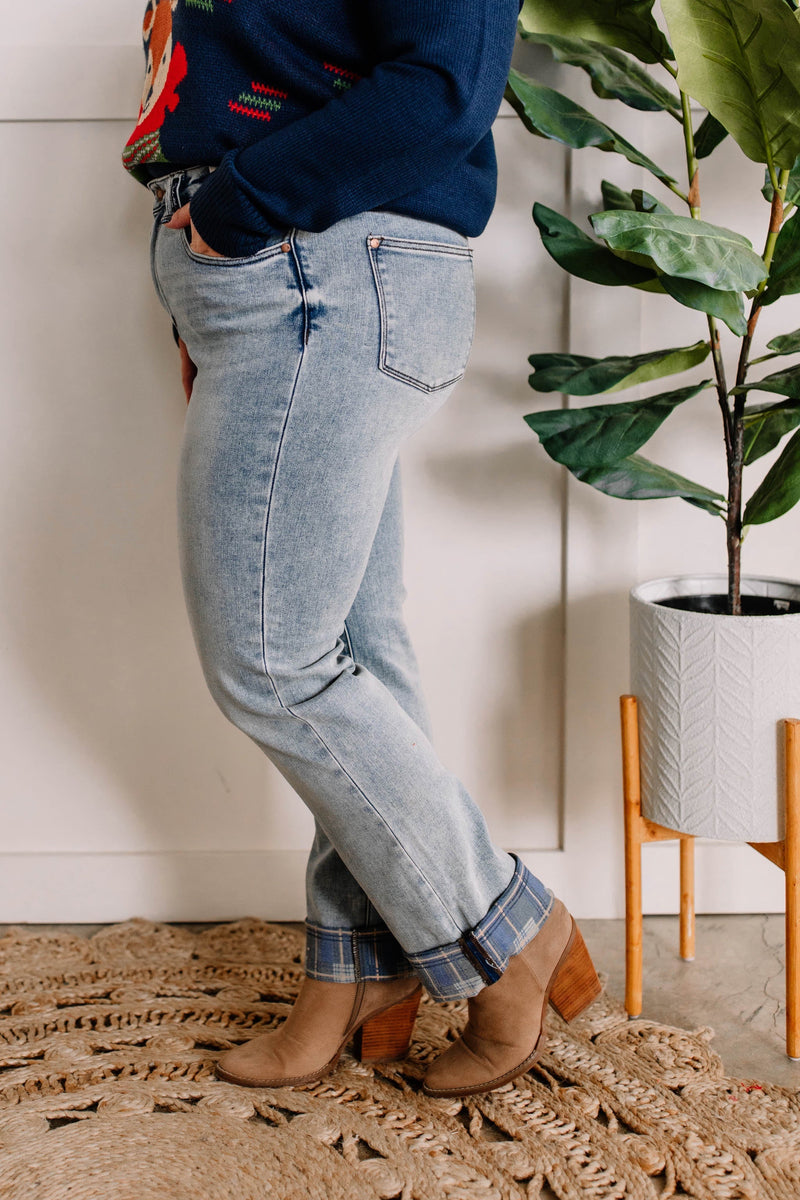 Plaid Cuffed Light Wash Straight Leg Judy Blue Jeans