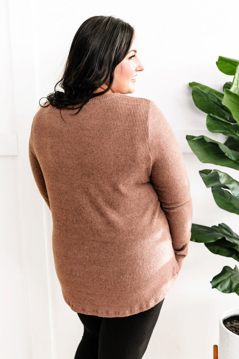Long Sleeve Thermal Top With Button Sleeve Detail In Gingerbread