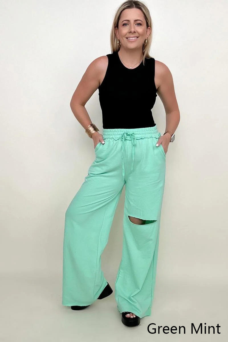 Zenana Distressed Knee French Terry Sweats With Pockets - New Colors