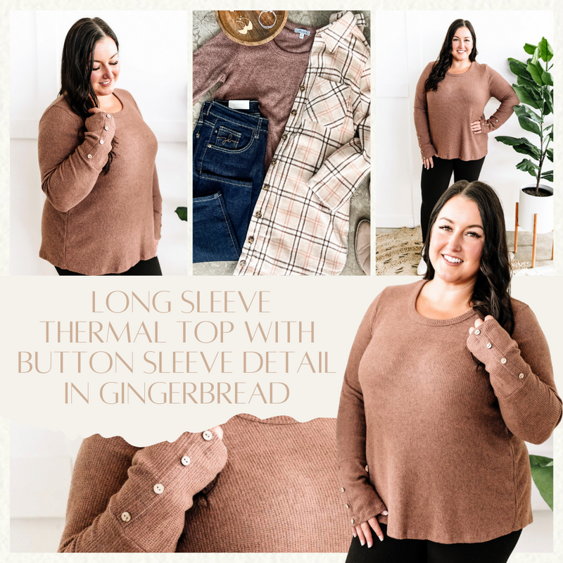 Long Sleeve Thermal Top With Button Sleeve Detail In Gingerbread