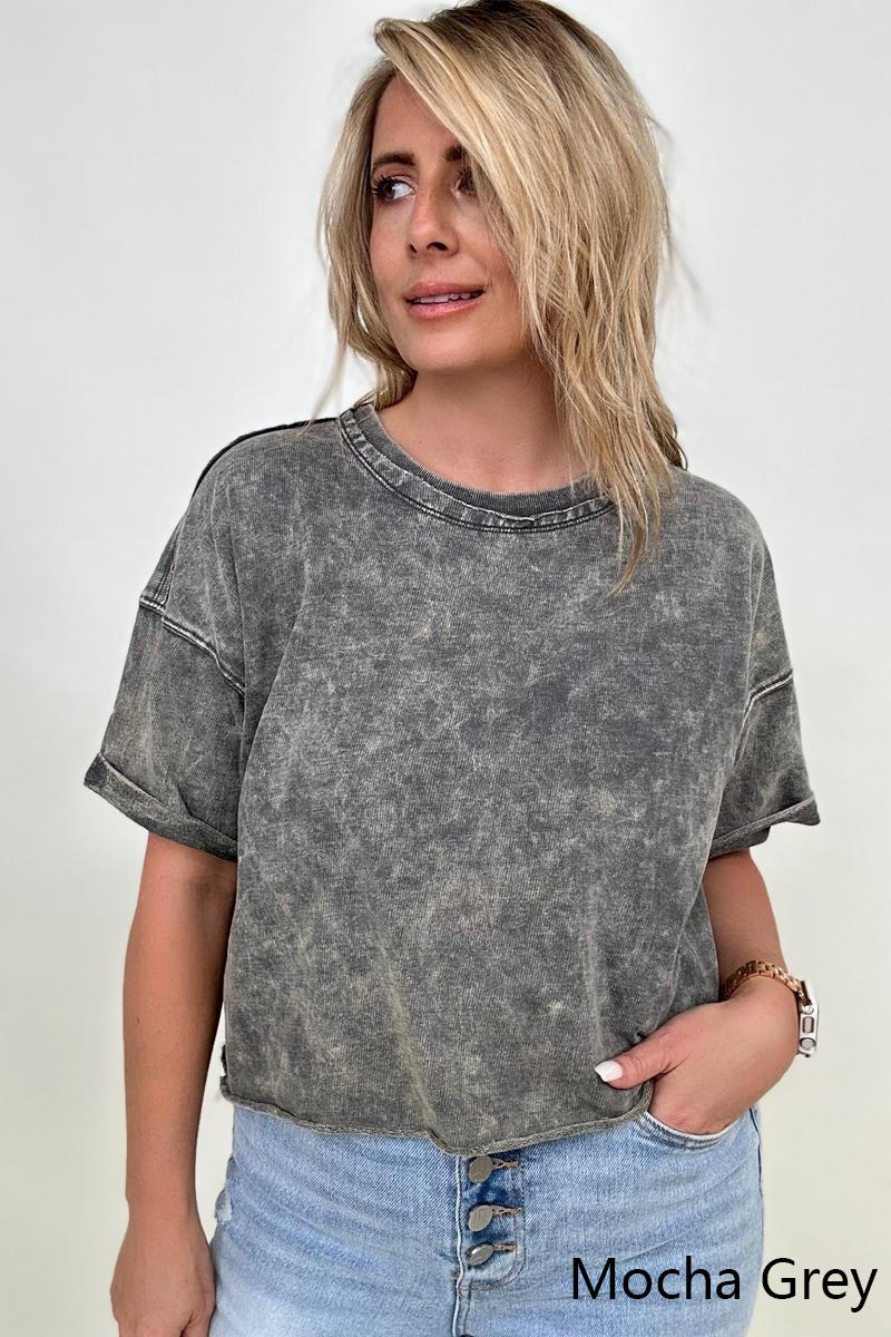 French Terry Acid Wash Raw Edge Crop Top