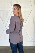 Exposed Seam Patchwork Bubble Sleeve Waffle Knit Top, Gray