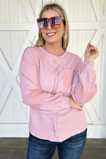 Exposed Seam Patchwork Bubble Sleeve Waffle Knit Top, Pink