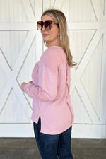 Exposed Seam Patchwork Bubble Sleeve Waffle Knit Top, Pink