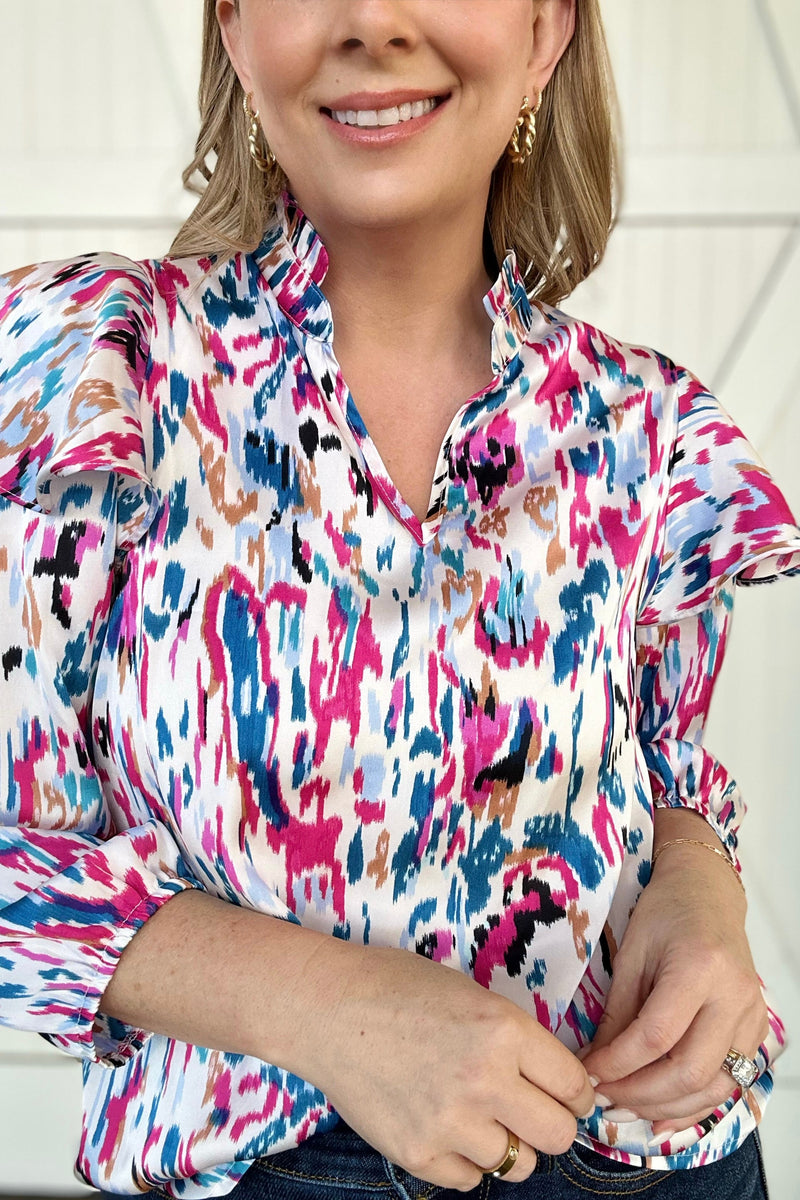 The Veronica Multicolor Print Puff Sleeve Ruffle Blouse