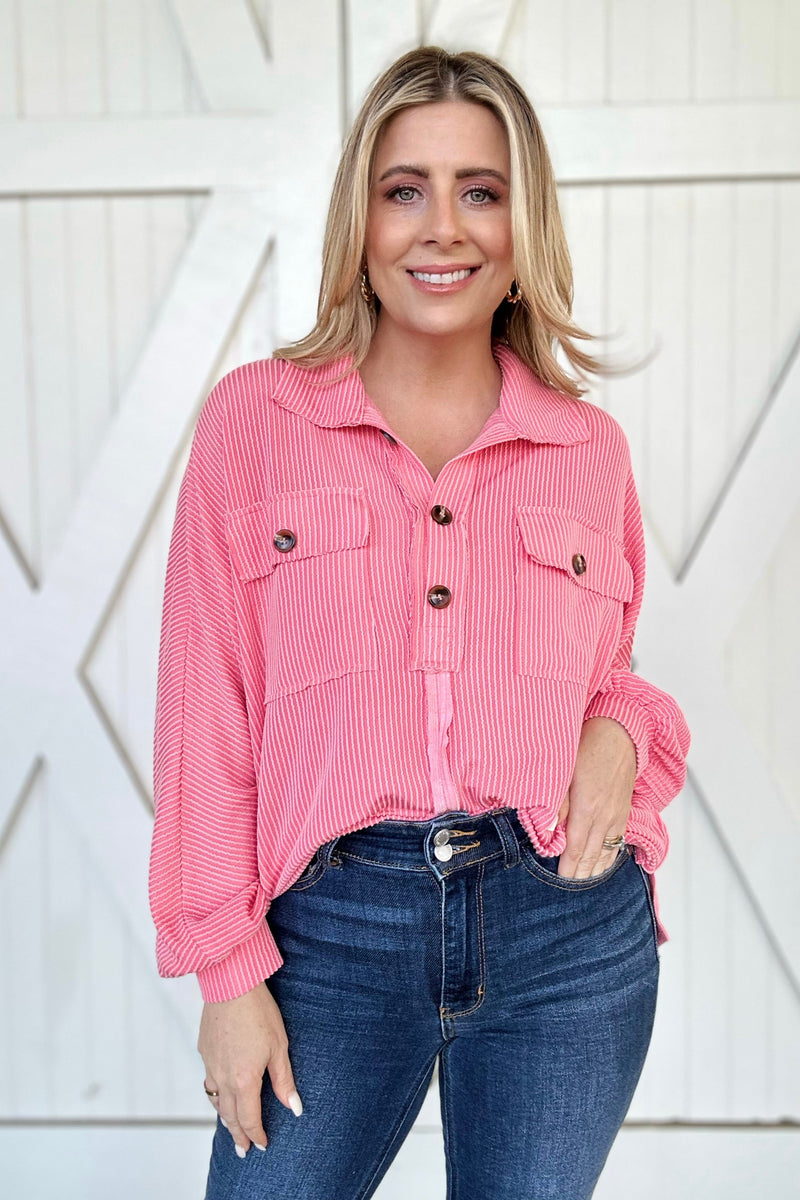 Coral Pink Soft Corded Flap Pocket Henley Top