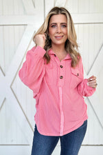 Coral Pink Soft Corded Flap Pocket Henley Top