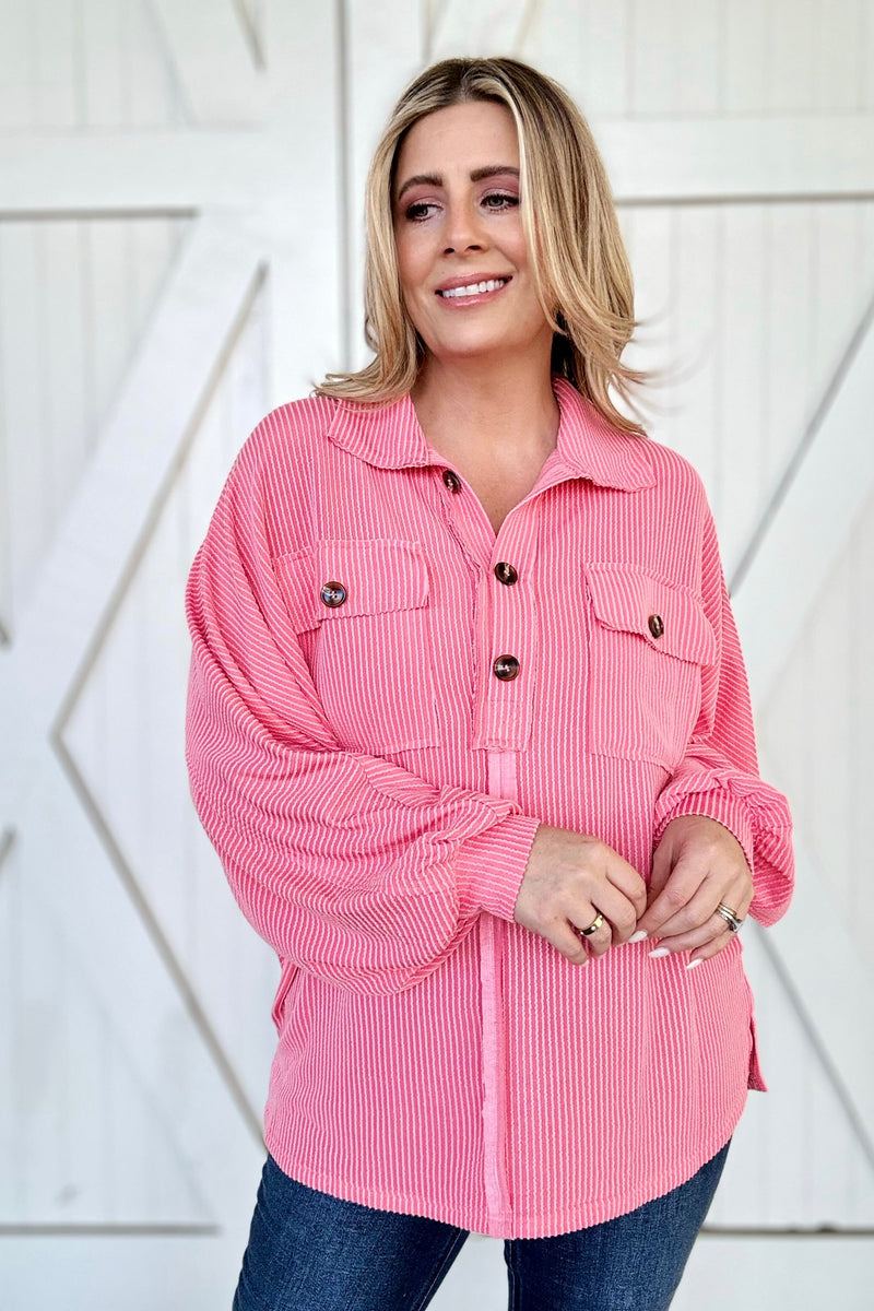 Coral Pink Soft Corded Flap Pocket Henley Top