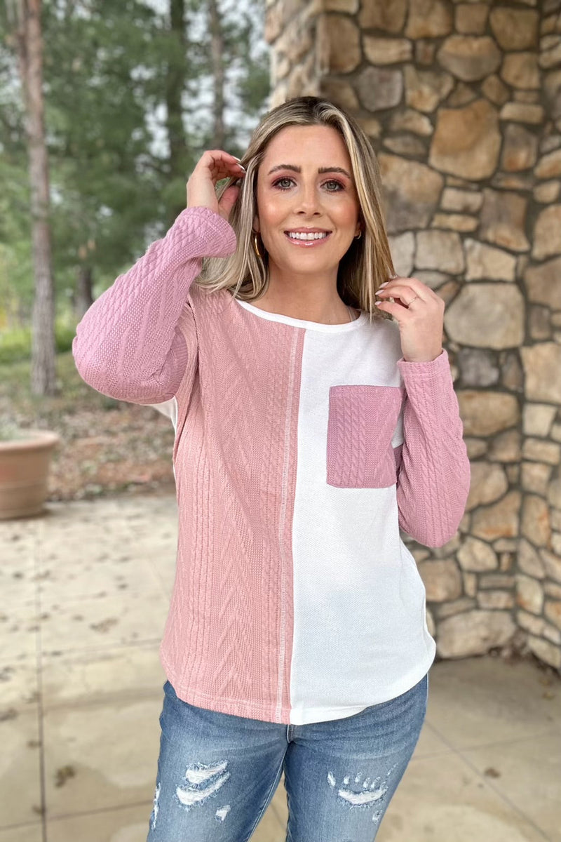 Color Block Chest Pocket Textured Knit Top, Pink