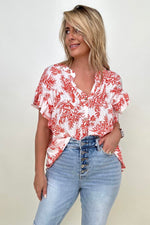 Cozy Co Floral Print Button Down Ruffle Sleeve Top