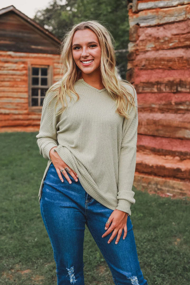 On the Down Low Waffle Knit Pullover in Sage