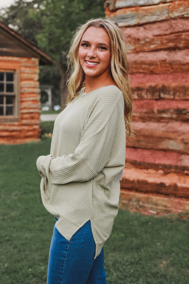 On the Down Low Waffle Knit Pullover in Sage