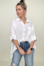 Umgee Pleated Batwing Short Sleeve Button Up Top