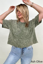 French Terry Acid Wash Raw Edge Crop Top