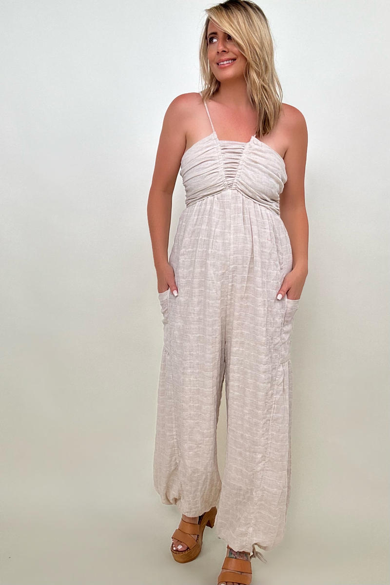 White Birch Sleeveless Halter Tie Back Woven Jumpsuit