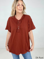 Zenana Raw Edge Detailed Button Closure Short Sleeve Top