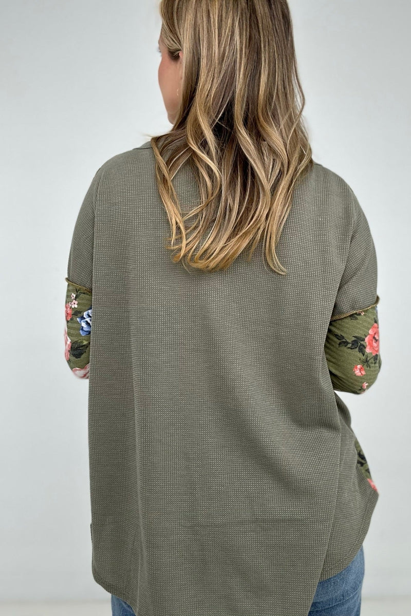 Floral Chic Thermal Color Block Henley Top