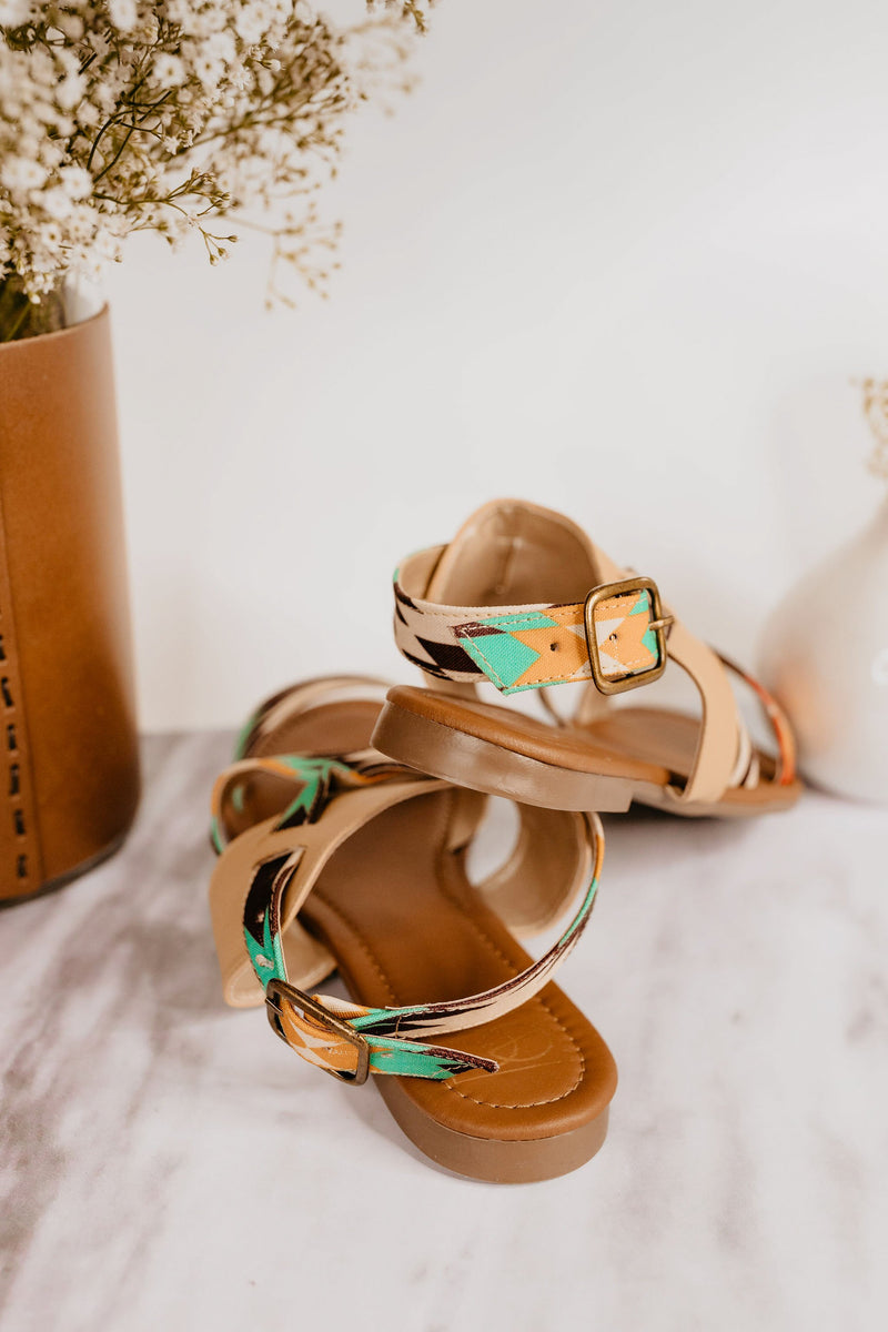 Tan and Turquoise Aztec Sandals