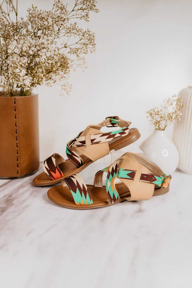 Tan and Turquoise Aztec Sandals