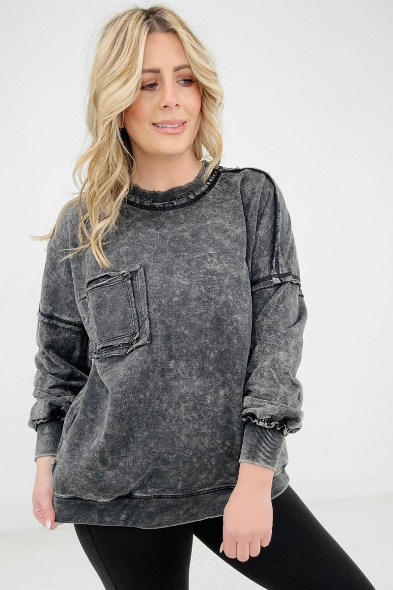 Ash Black Acid Wash Raw Edge Pullover