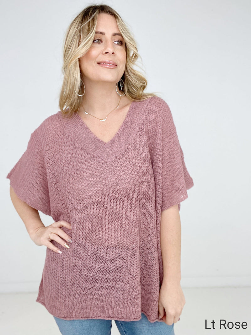 Zenana "Carrie" Oversized V-Neck Sheer Knit Top