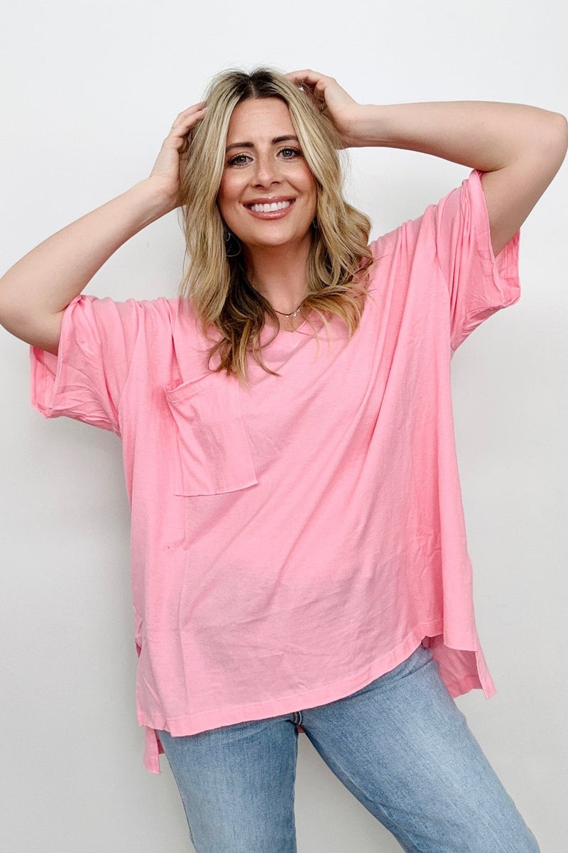 Oversized Front Pocket Raw Edge High-Low Hem Top