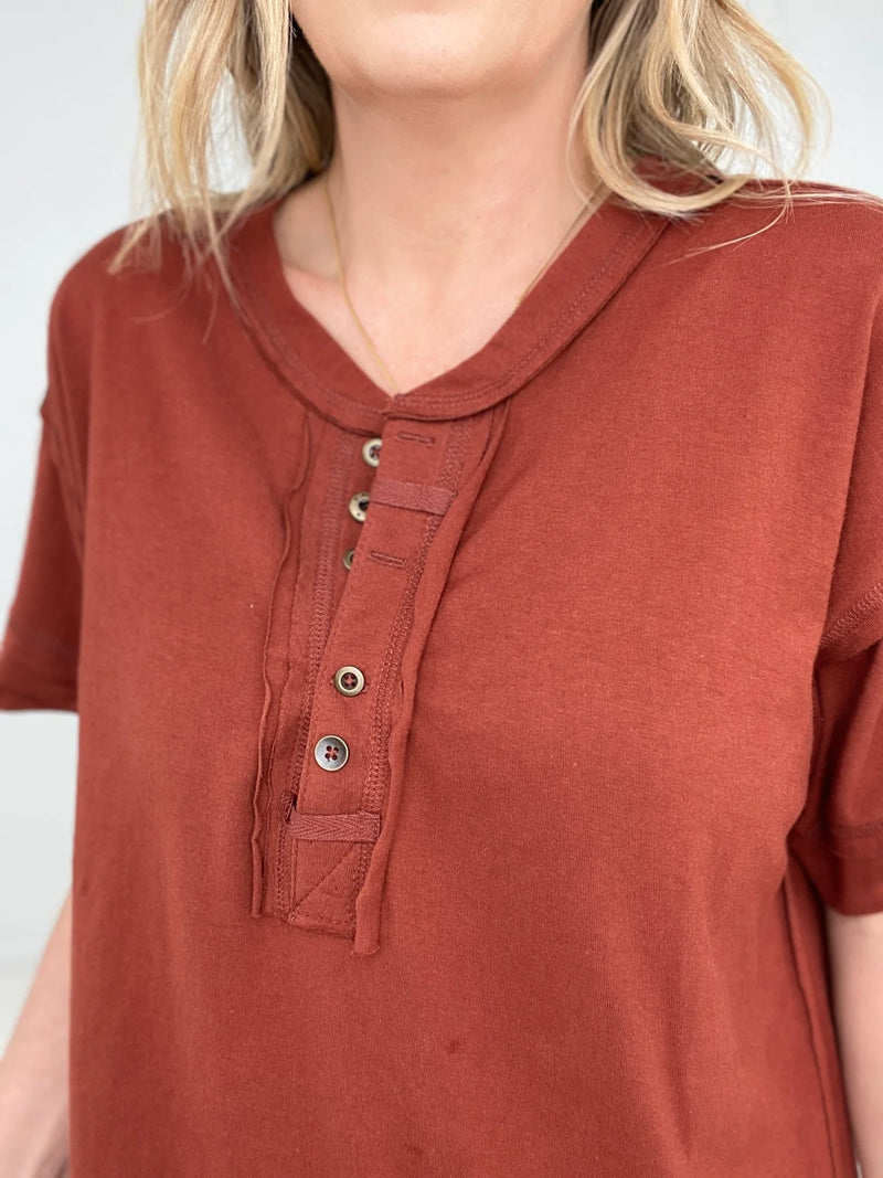 Zenana Raw Edge Detailed Button Closure Short Sleeve Top